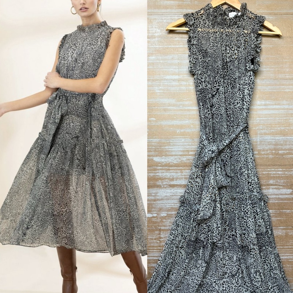 Christy Lynn Gemma Silk Midi Dress Leopard Preppy Boho Classic Womens XS